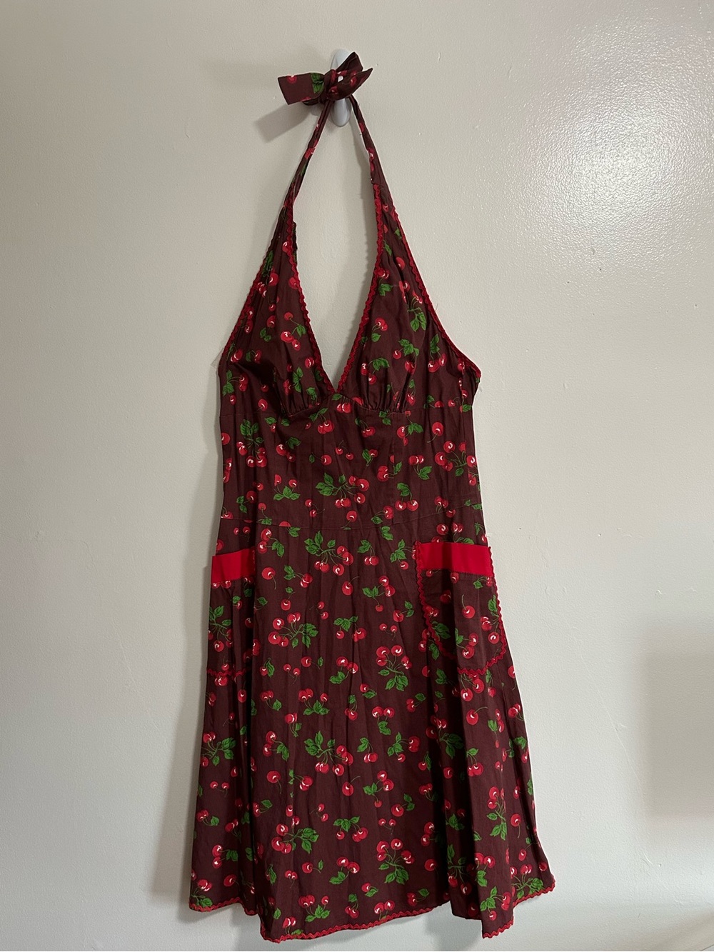 Pinup Couture Burgundy Cherry Print Halter Dress, Size XXL